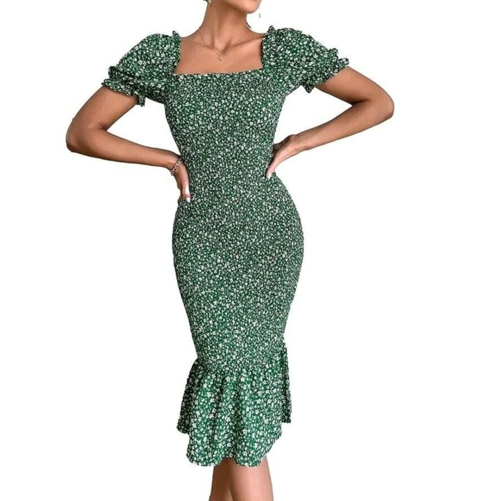 PRETTYGARDEN Women's Summer Floral Midi Bodycon Dresses Short Puff Sleeve Square